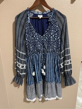 Hemant & Nandita Boho Indigo Patchwork V-Neck Dress